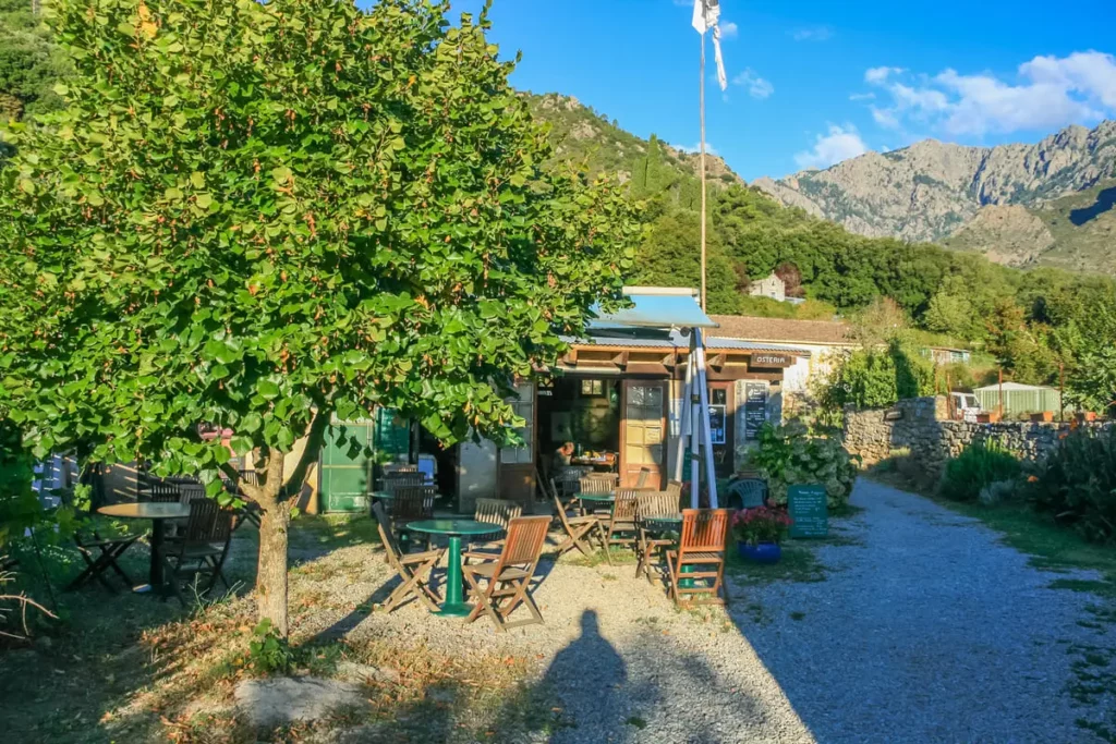 camping-u-sognu-restaurant-terrasse-montagne.webp Terrasse du restaurant Osteria au camping U Sognu avec vue panoramique sur les montagnes corses.