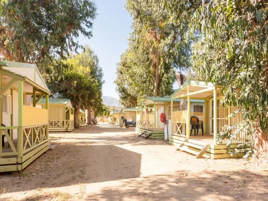 Camping de la plage Allée de mobil-homes climatisés avec terrasse ombragée au Camping de la Plage en Haute-Corse.